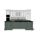 Kitchen With White Upper Cabinets Glass Doors Green Lower Cabinets And Black Countertop