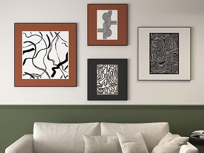 Abstract Wall Art With Brown Black White Frames On White Green Wall Above Sofa 3d model