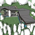 Modern Guesthouse Building With Sloped Roof And Open Terrace Surrounded by Lush Green Trees