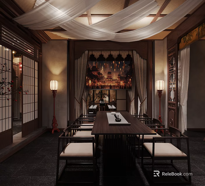 Traditional Chinese Interior Design With Long Wooden Table Lanterns And Wall Painting 3d model 