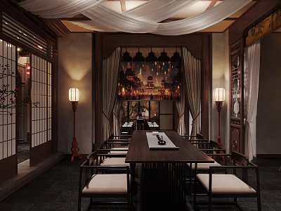 Traditional Chinese Interior Design With Long Wooden Table Lanterns And Wall Painting 3d model