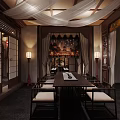 Traditional Chinese Interior Design With Long Wooden Table Lanterns And Wall Painting