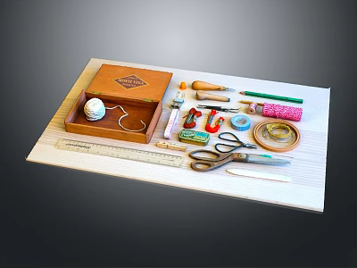 Essential Sewing Household Supplies with Wooden Box Thread Spool Scissors And Measuring Tools 3d model