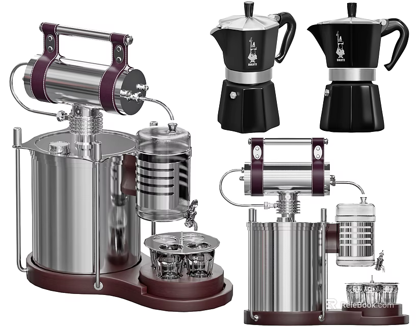 Vintage Design Kitchen Appliances Featuring Stainless Steel Coffee Makers And Manual Brewing Tools 3d model 