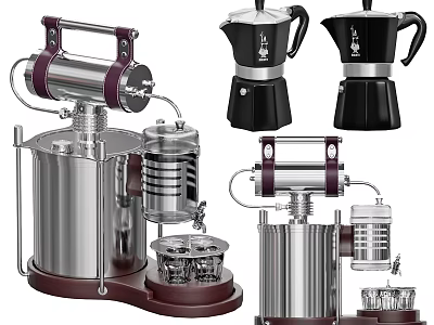 Vintage Design Kitchen Appliances Featuring Stainless Steel Coffee Makers And Manual Brewing Tools 3d model