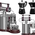 Vintage Design Kitchen Appliances Featuring Stainless Steel Coffee Makers And Manual Brewing Tools