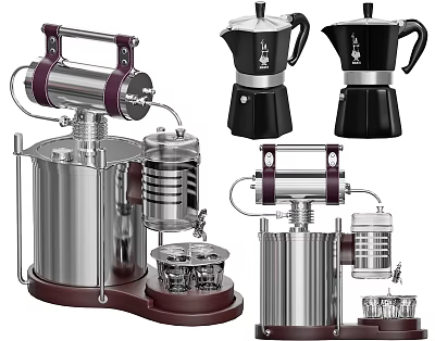 Vintage Design Kitchen Appliances Featuring Stainless Steel Coffee Makers And Manual Brewing Tools 3d model