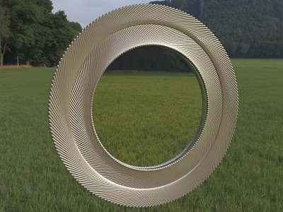 Circular Metal Mirror With Spiral Design In Green Grass Field With Trees And Mountains 3d model