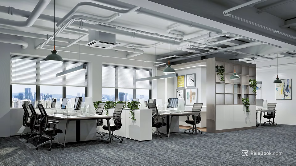 Modern Office Open Workspace Desks Computers Ergonomic Chairs Green Plants Windows Hanging Lights Wall Art 3d model 