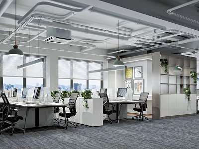 Modern Office Open Workspace Desks Computers Ergonomic Chairs Green Plants Windows Hanging Lights Wall Art 3d model