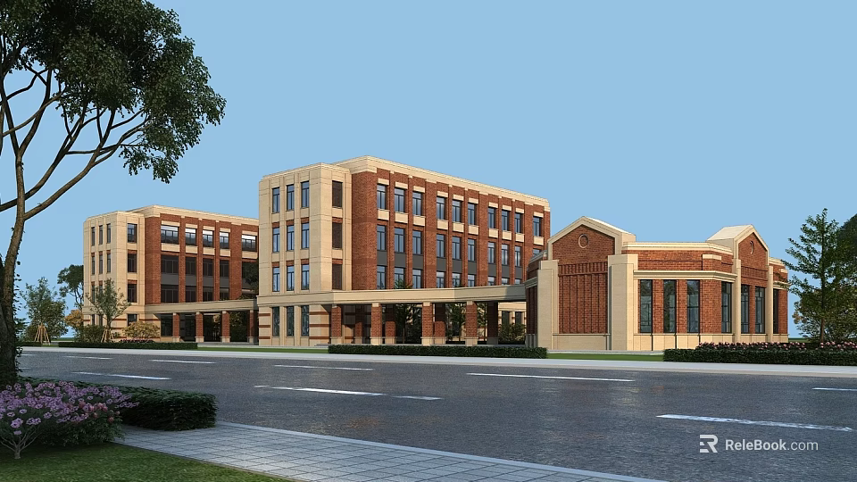 Classic Red Brick School Building With Beige Exterior Multi Story Large Windows Entrance And Landscaping 3d model 