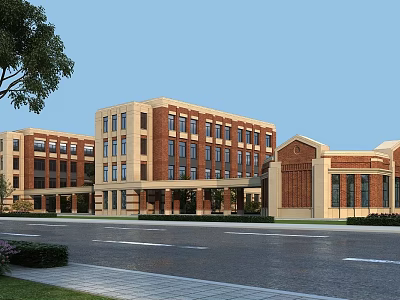 Classic Red Brick School Building With Beige Exterior Multi Story Large Windows Entrance And Landscaping 3d model