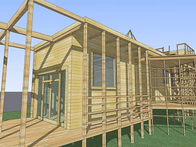 Wooden Detached House Under Construction With Open Frame Windows And Green Lawn 3d model