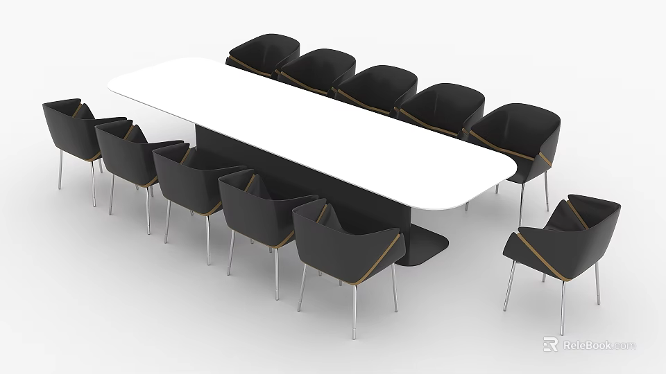 Modern Exhibition Tables and Chairs with Long White Tabletop and Black Metal Frame Chairs 3d model 