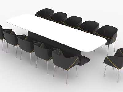 Modern Exhibition Tables and Chairs with Long White Tabletop and Black Metal Frame Chairs 3d model