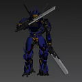 Blue And Yellow Mech Samurai Game Movie Character With Dual Swords And Armor