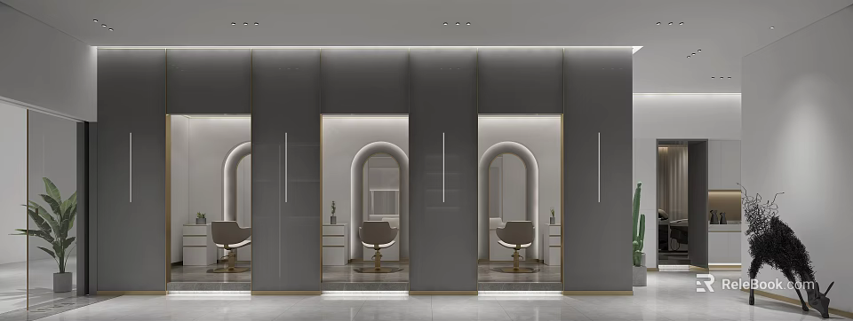 Modern Elegant Beauty Salon Interior With Arched Mirrors Salon Chairs And Gray Walls 3d model 