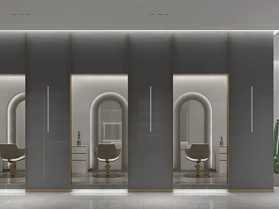 Modern Elegant Beauty Salon Interior With Arched Mirrors Salon Chairs And Gray Walls 3d model