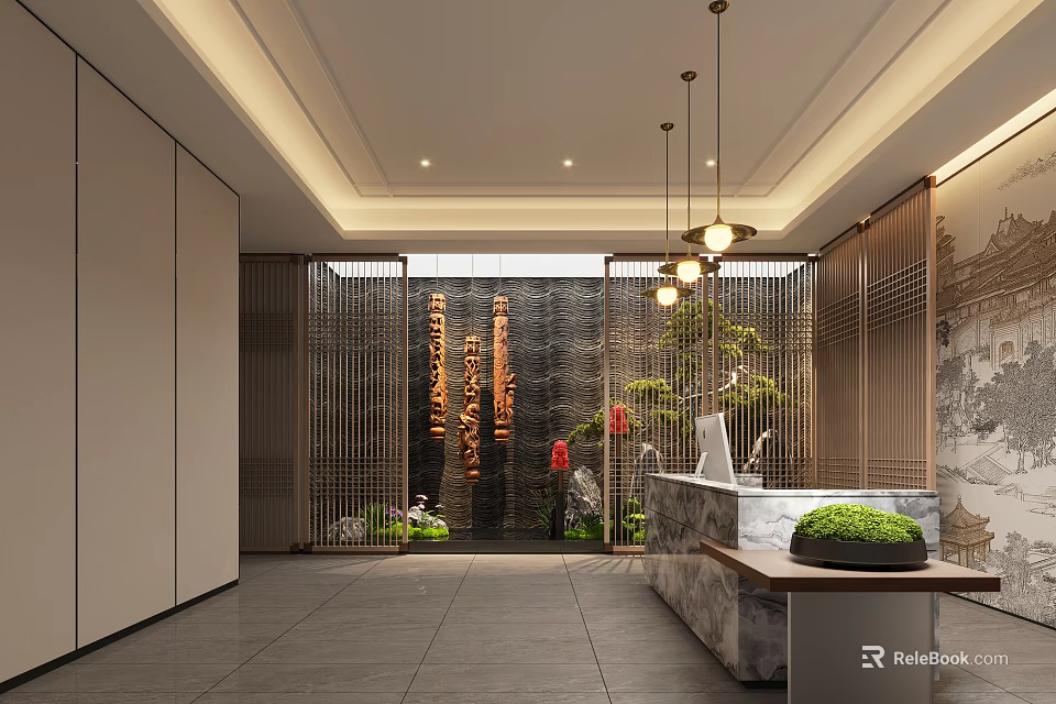 Traditional Tea House Interior Design With Wooden Screen Hanging Lamps And Green Plants 3d model 
