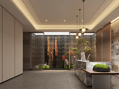 Traditional Tea House Interior Design With Wooden Screen Hanging Lamps And Green Plants 3d model
