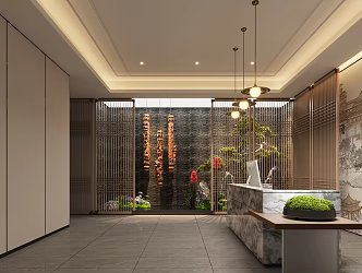 New Chinese Reception Hall Teahouse Reception Desk Teahouse Landscape Landscaping 3d model