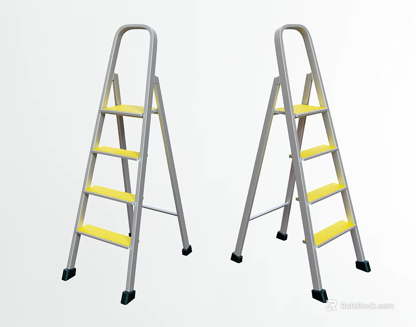 Two Household Metal Ladders With Silver Frame Yellow Steps And Non Slip Feet 3d model 