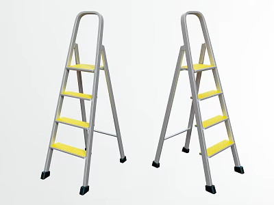 Two Household Metal Ladders With Silver Frame Yellow Steps And Non Slip Feet 3d model