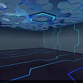 Futuristic Cartoon Scene With Hexagon Ceiling Blue Lights And Glowing Lines