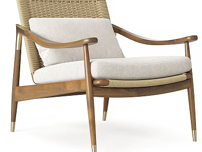 Mid Century Accent Chair With Wicker Back Wooden Armrests And Light Gray Upholstered Seat 3d model