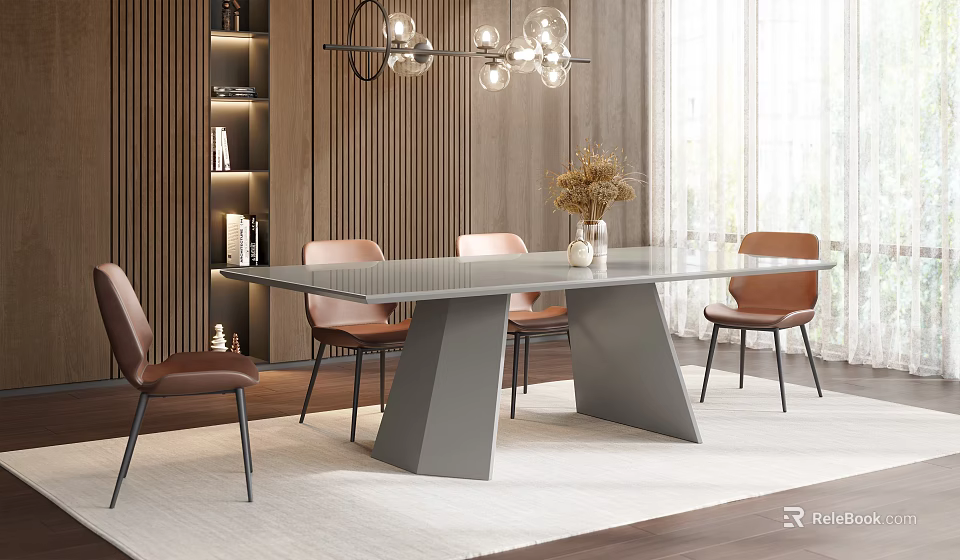 Modern Dining Table With Grey Legs Orange Chairs Pendant Lights Wooden Wall And Flower Vase 3d model 