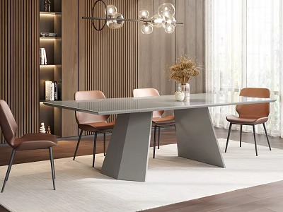 Modern Dining Table With Grey Legs Orange Chairs Pendant Lights Wooden Wall And Flower Vase 3d model
