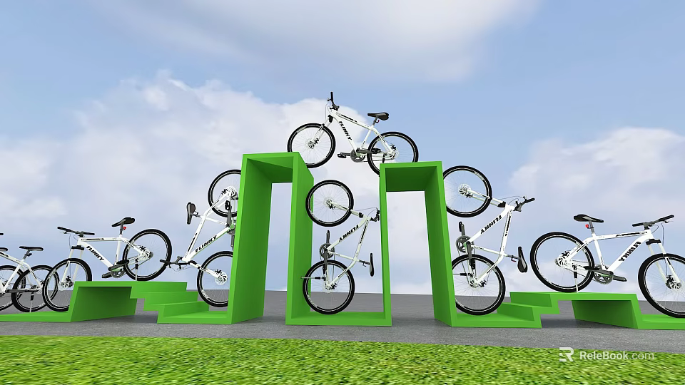 Green Arch Structures With White Bicycles On Outdoor Display Against Blue Sky And Grass 3d model 