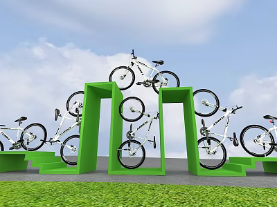 Green Arch Structures With White Bicycles On Outdoor Display Against Blue Sky And Grass 3d model