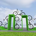 Green Arch Structures With White Bicycles On Outdoor Display Against Blue Sky And Grass