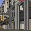 Multi Level Commercial Street Featuring Staircases Green Plants Outdoor Seating And Umbrellas