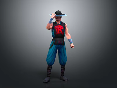 Man In Martial Arts Costume With Wide Brimmed Hat Red Symbol And Blue Pants 3d model