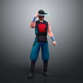 Man In Martial Arts Costume With Wide Brimmed Hat Red Symbol And Blue Pants