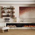 Modern Fireplace Interior With Marble Surround Artwork Decorative Shelves Floor Lamp And Accent Chair