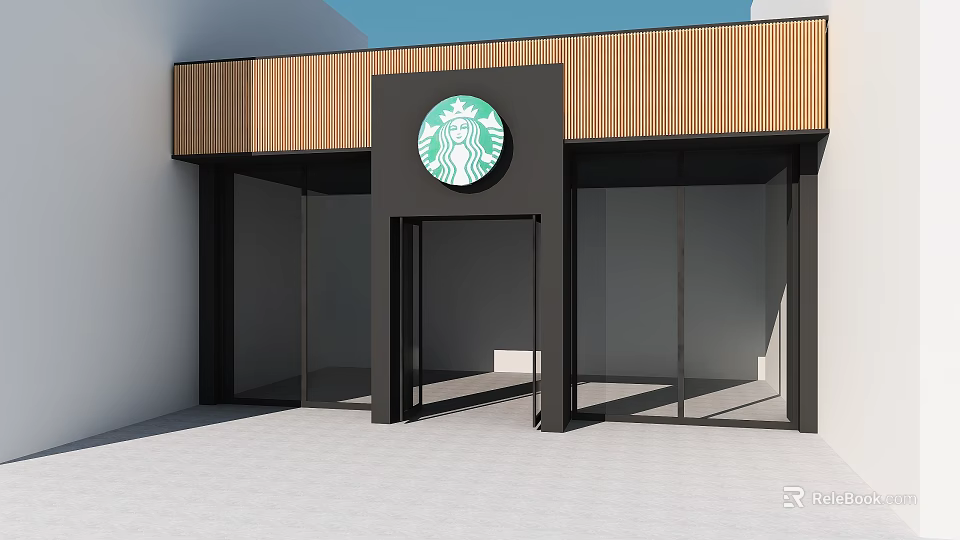 Modern Coffee Shop Exterior With Wooden Facade Black Frame And Glass Doors 3d model 
