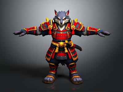 Wolf Samurai 3D Character Model With Red Yellow Armor Standing Pose Design 3d model
