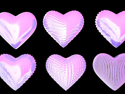 Pink Heart 3D Artworks With Various Textures On Black Background 3d model