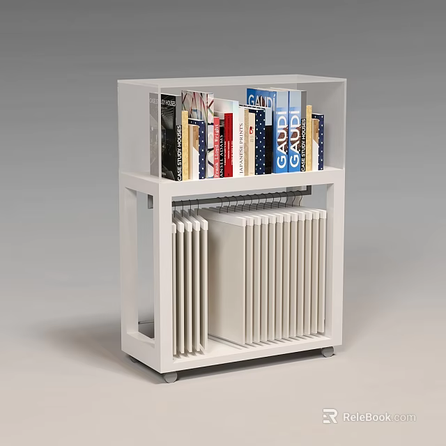 White Modern Display Shelf With Stacked Books And Vertical File Storage 3d model