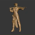 Golden Woman Statue Wearing Elaborate Costume Holding Sword in Standing Warrior Pose