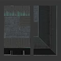 Cartoon Scene of Three Story European Building With Gray Exterior Green Door and Multiple Windows