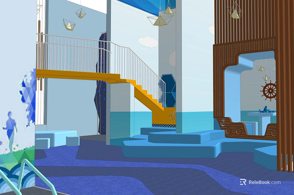 Colorful Indoor Recreational Space With Yellow Staircase Blue Floor White Railing And Wooden Decor 3d model 