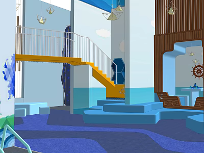 Colorful Indoor Recreational Space With Yellow Staircase Blue Floor White Railing And Wooden Decor 3d model