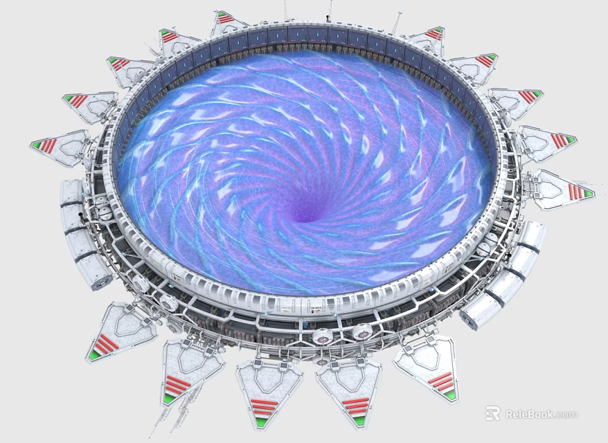 Circular Ring Structure With Central Blue Vortex And Surrounding Mechanical Components 3d model