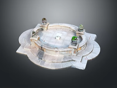 Circular Stone Garden Fountain With Decorative Sculptures And Ornamental Outdoor Planters 3d model