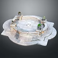 Circular Stone Garden Fountain With Decorative Sculptures And Ornamental Outdoor Planters