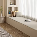 Cozy Beige Window Seat With Chevron Light Gray Pillows Side Table Green Plant White Curtains